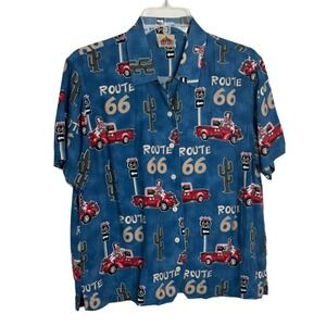 Barn Fly Route 66 Americana Button Front Shirt Blue Red Truck Pinup Cowgirl XL